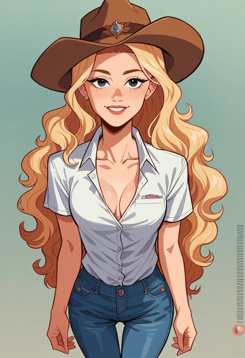 From  above. Portrait of a beautiful European blonde woman, 23 year old, wavy hair. 
She is a model for Playboy magazine. She has a subtle smile and flirts with the camera. 
(She is dressed in cowboy clothes with shirt and jeans and cowboy hat. She&#39;s in a rodeo arena:1.2)

perfects eyes, perfect hands, perfectbody, perfect hair, perfect chest, Hair behind the ear, blurry foreground, ultra HD, retina, work of art, precise, anatomically correcte, texturized skin, super detaill, High details, high qualiy, awardwinning, best qualityer, high resolution, 16K, 8K