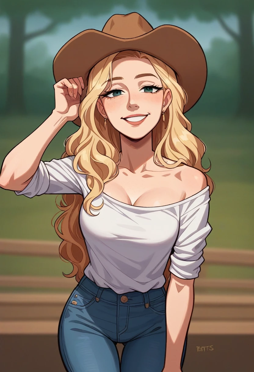 From  above. Portrait of a beautiful European blonde woman, 23 year old, wavy hair. 
She is a model for Playboy magazine. She has a subtle smile and flirts with the camera. 
(She is dressed in cowboy clothes with shirt and jeans and cowboy hat. She&#39;s in a rodeo arena:1.2)

perfects eyes, perfect hands, perfectbody, perfect hair, perfect chest, Hair behind the ear, blurry foreground, ultra HD, retina, work of art, precise, anatomically correcte, texturized skin, super detaill, High details, high qualiy, awardwinning, best qualityer, high resolution, 16K, 8K