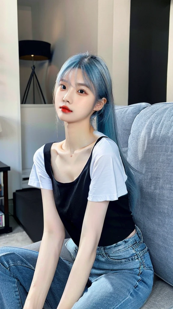 A beautiful young Korean woman with ponytail light blue hair, pale skin, thin body. She is wearing a black casual shirt and casual short jeans. She is looking at the viewer. Full body. The setting is a living room at morning and she is chilling on the sofa. Masterpiece, high quality.