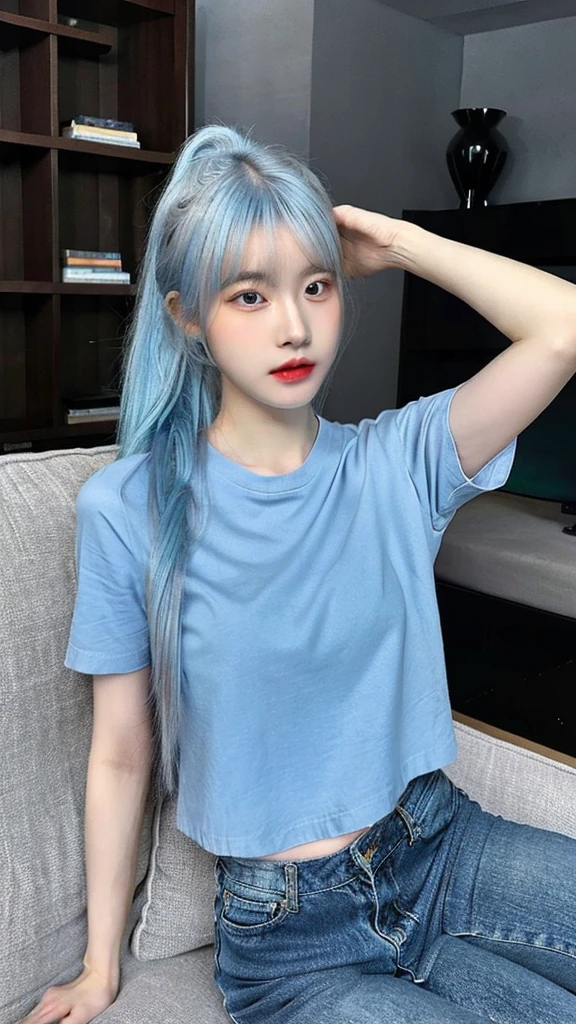 A beautiful young Korean woman with ponytail light blue hair, pale skin, thin body. She is wearing a black casual shirt and casual short jeans. She is looking at the viewer. Full body. The setting is a living room at morning and she is chilling on the sofa. Masterpiece, high quality.