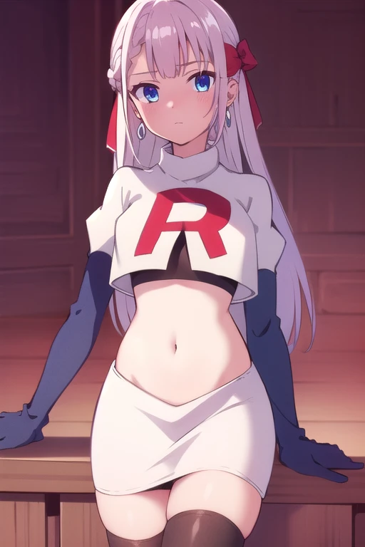 riselia,1girl,solo,braid,earrings,looking at viewer,blue eyes,bangs,ribbon,red ribbon,braided bangs,blush,team rocket,team rocket uniform,white skirt,red letter R,crop top,black thigh-highs,black elbow gloves