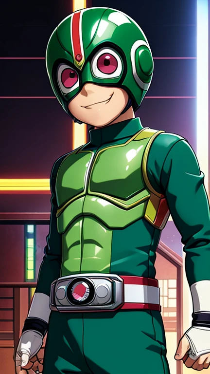 (8k),(masterpiece),(Japanese),(8-year-old boy),((innocent look)),((Childish)),From the front,smile,cute,Innocent,Kind eyes,Flat chest, Rock Lee,Kamen Rider, green helmet, green superhero mask,camisa,no Hair,night,dark, Neon light cyberpunk Konoha village