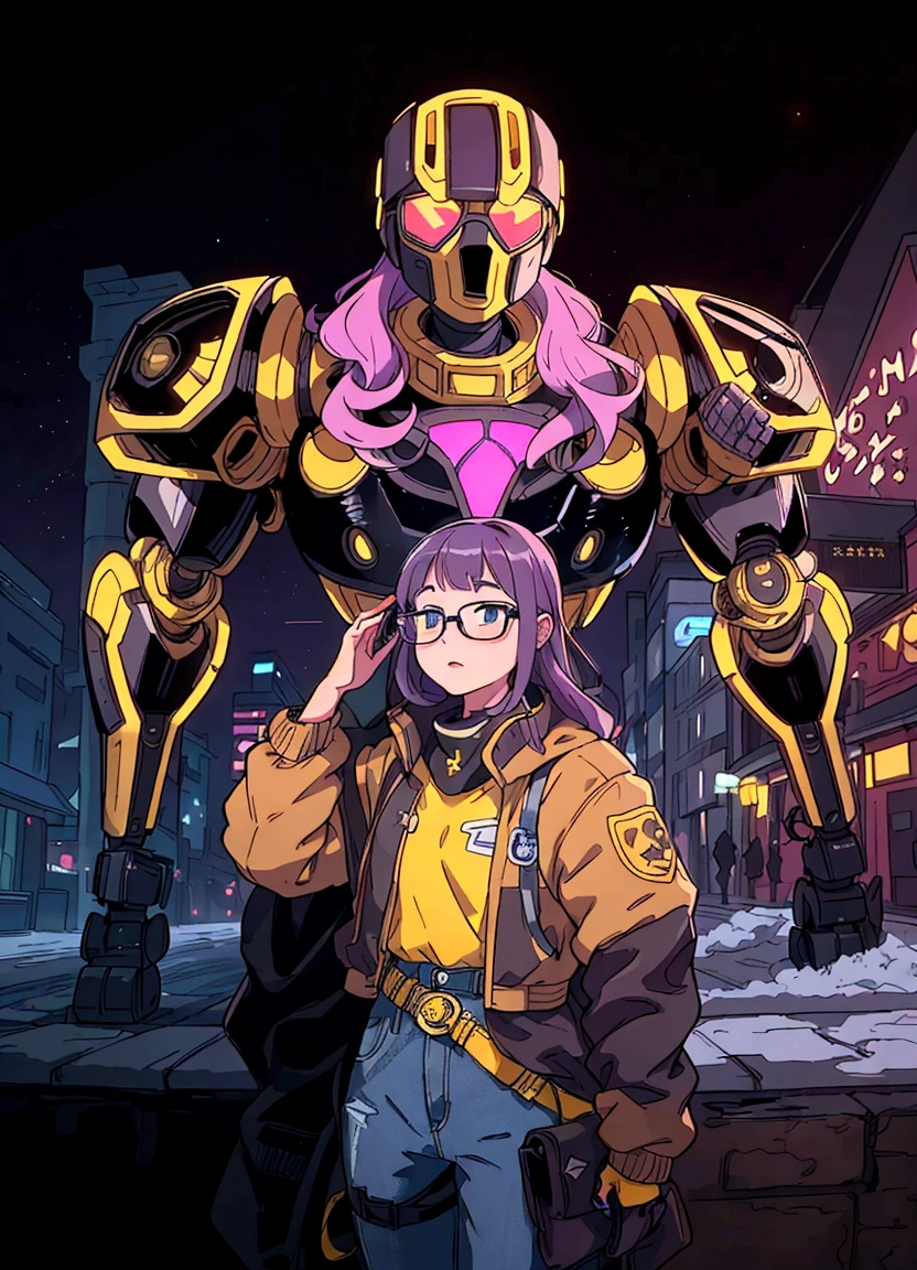 In the image, there is a young girl standing next to a large robot. The girl has purple hair and is wearing glasses. She is dressed in a yellow jacket and blue jeans. The robot is predominantly black with gold accents and stands behind her. It appears to be quite large compared to the girl, suggesting it might be a mech or a suit of armor. They are both positioned on what looks like a city street at night, as indicated by the dark background and illuminated streetlights. The overall scene gives off a futuristic vibe, possibly from a science fiction setting.