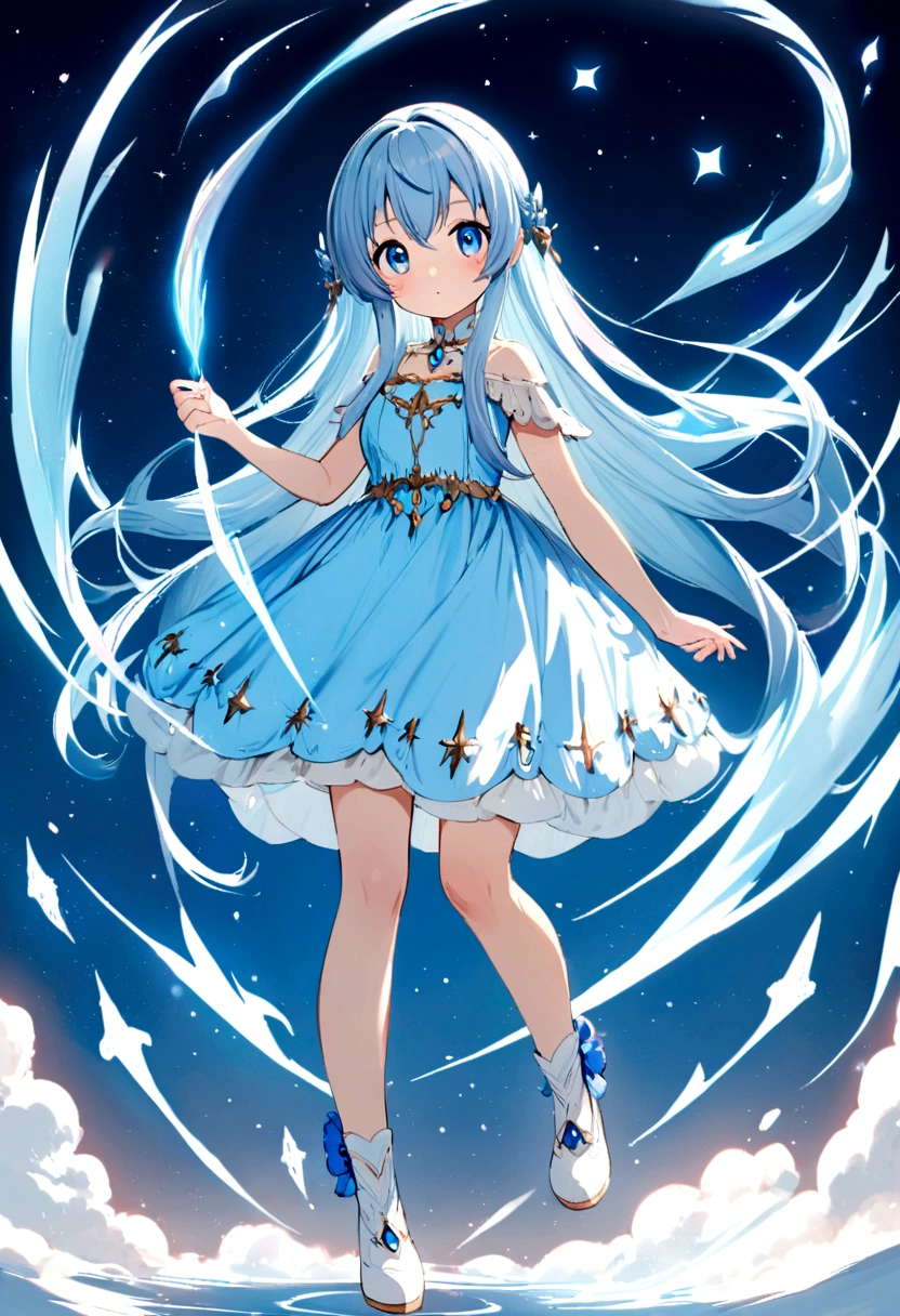 Very light blue and long haired anime girl, fantasy world, blue eyes, cute, young teenage girl, with magical powers, full body, cute blue dress, white shoes
