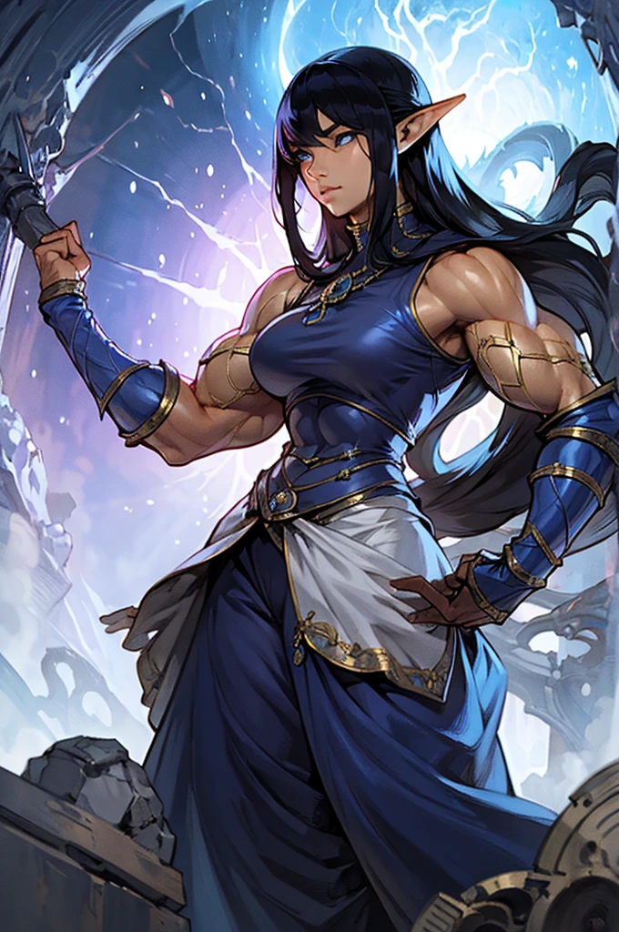 stunningly sensual elfess, large well-trained muscles, very impressive hypermuscular physique, magical and mysterious, bulging feminine proportions, perfect and flawless muscular sensual body, vascular massive biceps, deep black hair, pale chaik white skin, female elf wizard in fantasy setting