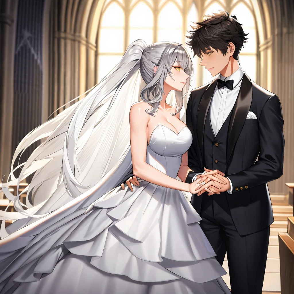 masterpiece, Best quality, masterpiece, Best quality, masterpiece, Best quality, masterpiece, Best quality, high quality, High detail, Ultra detail, HD, 4k, 4280x2240, depth field, (HDR:1.9), Correct anatomy, a masculine boy with short hair black hair abundant brown eyes with full wedding suit from groom to gentleman's suit and Palto flu pants and a girl with very long hair messy hair curly hair wavy hair (((silver hair))) high ponytail with yellow eyes in wedding dress, Dream wedding dress. love. Hand in hand looking at the New Year's sunset sunrise while kissing at church wedding with wedding rings on boy finger and wedding rings on girl finger and smiles, detail, ultra-detail, correct_position, correct_texture, correct_colors, correct_shading, correct_cgi, correct_body, correct_anatomy, correct_proportion, (correct_complete_body)
