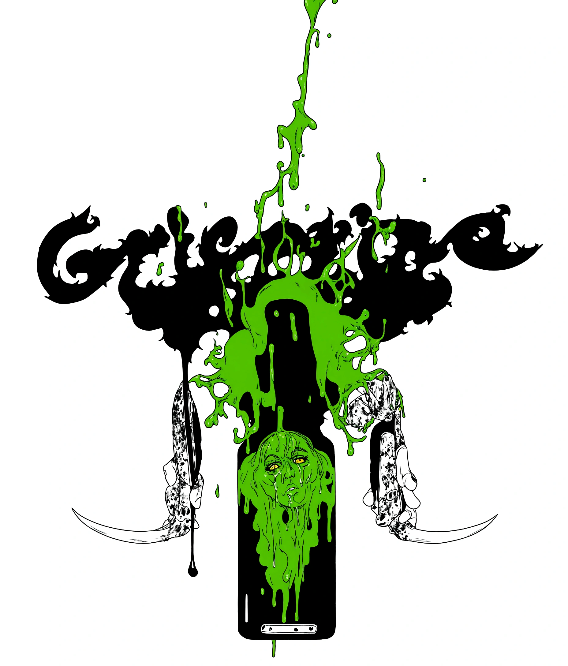 a close up of a cell phone with a green and black design, witchcraft, grindcore, Giorgio Griffa, album art, por Giuseppe Grisoni, inspired by Grillo Demo, gric, inspired by Gregorius Sickinger, in graffiti style, viscera splattered, horrible, green slime dripping, Artgerma e Greg Rutkowski