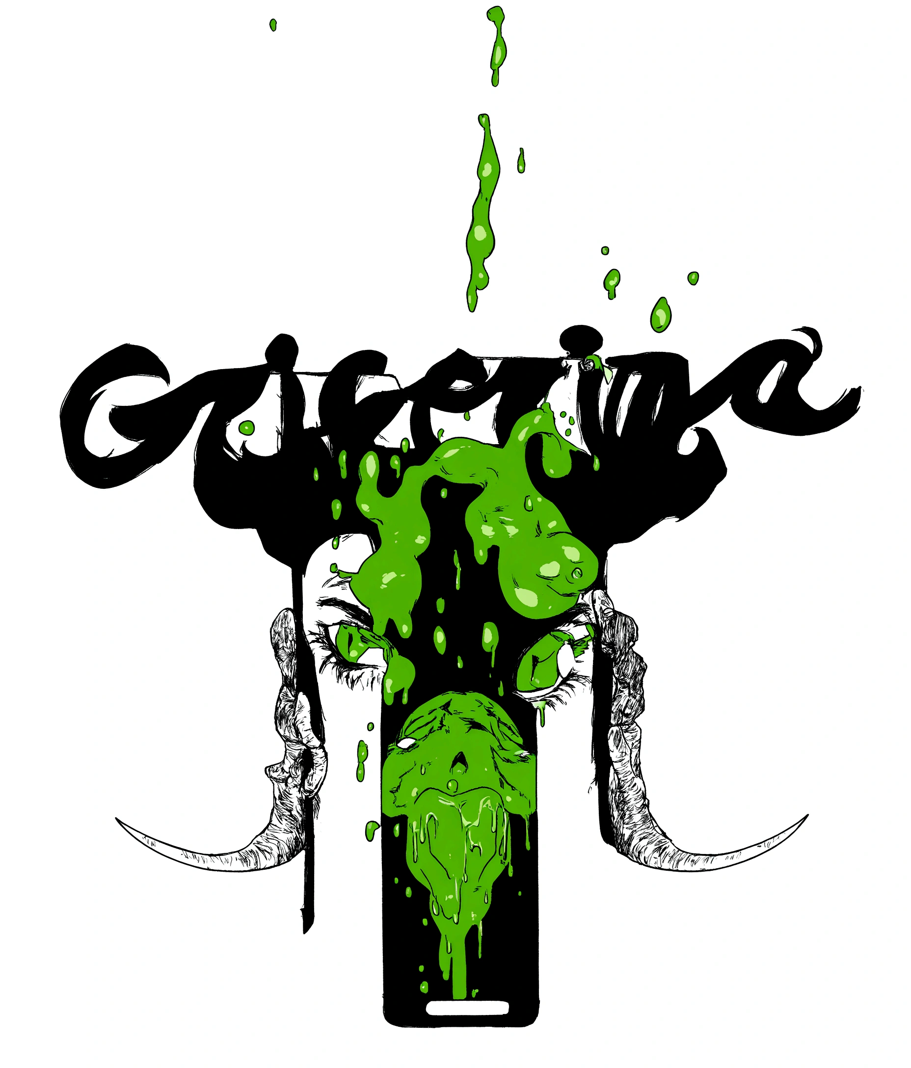 a close up of a cell phone with a green and black design, witchcraft, grindcore, Giorgio Griffa, album art, por Giuseppe Grisoni, inspired by Grillo Demo, gric, inspired by Gregorius Sickinger, in graffiti style, viscera splattered, horrible, green slime dripping, Artgerma e Greg Rutkowski