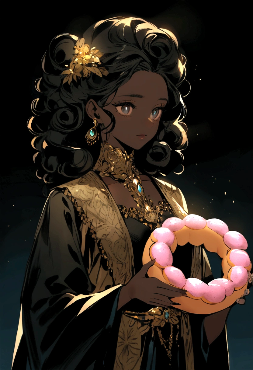 curly black girl holding a box of Disney-style donuts