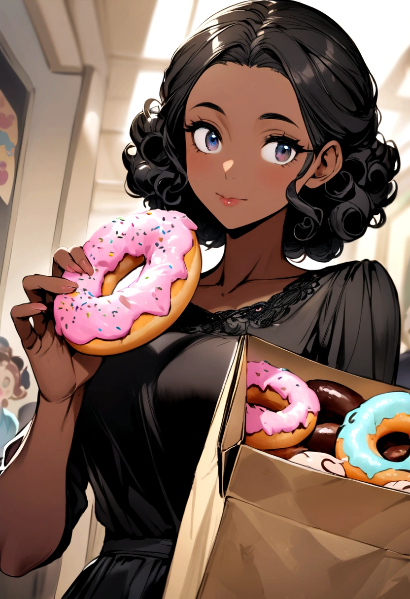 curly black girl holding a box of Disney-style donuts