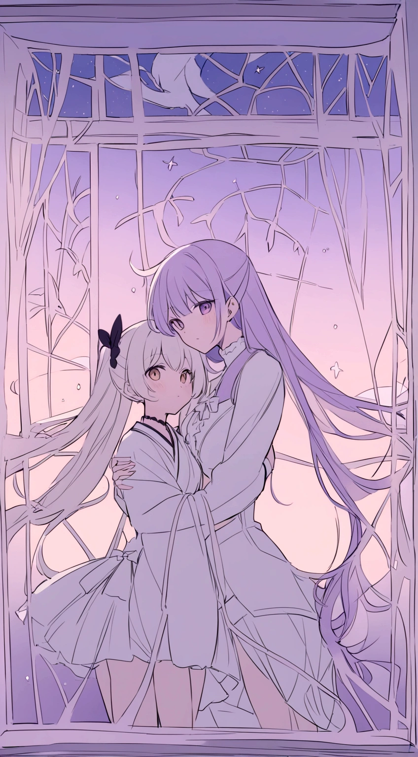 Anime couple hugging in front of a window with a purple background, Color sketch anime manga panel, Happy!!!, Inspired by Rei Kamoi, Inspired by Takeharu Matsumura, Vocaloid, Rimuru and Milim, Inspired by Sengai, night color, Singey, inspired by Narashige Koide, Inspired by Shinsui Ito、Mucha、Tanabata、Orihime and Hikoboshi