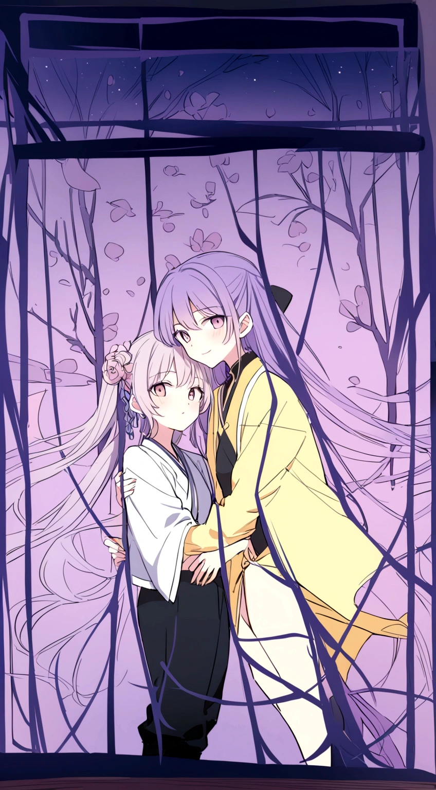 Anime couple hugging in front of a window with a purple background, Color sketch anime manga panel, Happy!!!, Inspired by Rei Kamoi, Inspired by Takeharu Matsumura, Vocaloid, Rimuru and Milim, Inspired by Sengai, night color, Singey, inspired by Narashige Koide, Inspired by Shinsui Ito、Mucha、Tanabata、Orihime and Hikoboshi