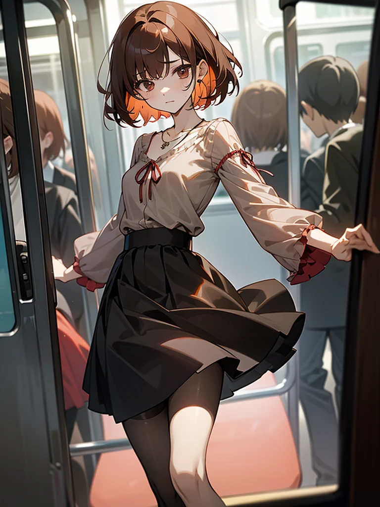Reddish brown short length hair、gray chiffon blouse、Flared sleeves、ボウタイ、ribbon、Tight Skirt、Black Stockings、necklace、TİTS、slender、In a crowded train、Messed up、slender、High resolution face、Drawn eyes、