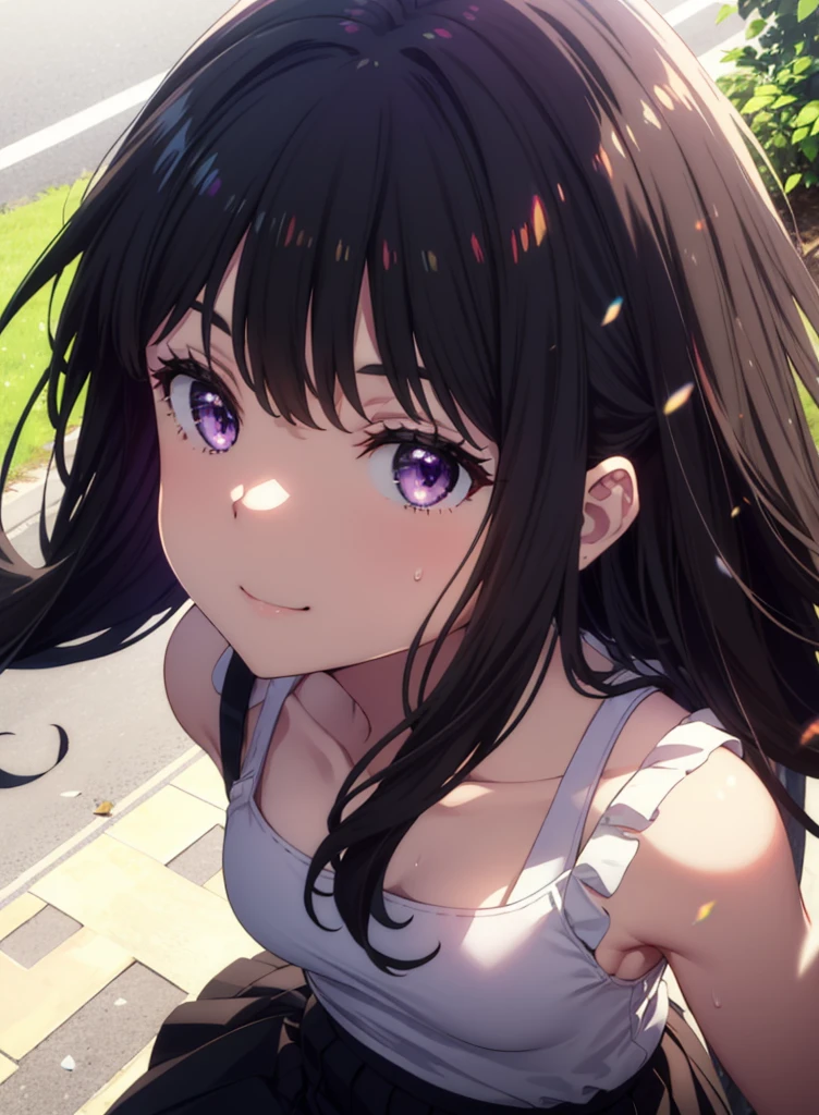 Takiuchikami, Check it out, Long Hair, bangs, Black Hair, (Purple eyes:1.2),happy smile, smile, Close your mouth,Sweat,White Tank Top,Checked skirt, Cute Sandals,Walking,Daytime,Clear skies,whole bodyがイラストに入るように,
break outdoors, countryside,
break looking at viewer, whole body,
break (masterpiece:1.2), Highest quality, High resolution, unity 8k wallpaper, (figure:0.8), (Beautiful attention to detail:1.6), Highly detailed face, Perfect lighting, Highly detailed CG, (Perfect hands, Perfect Anatomy),