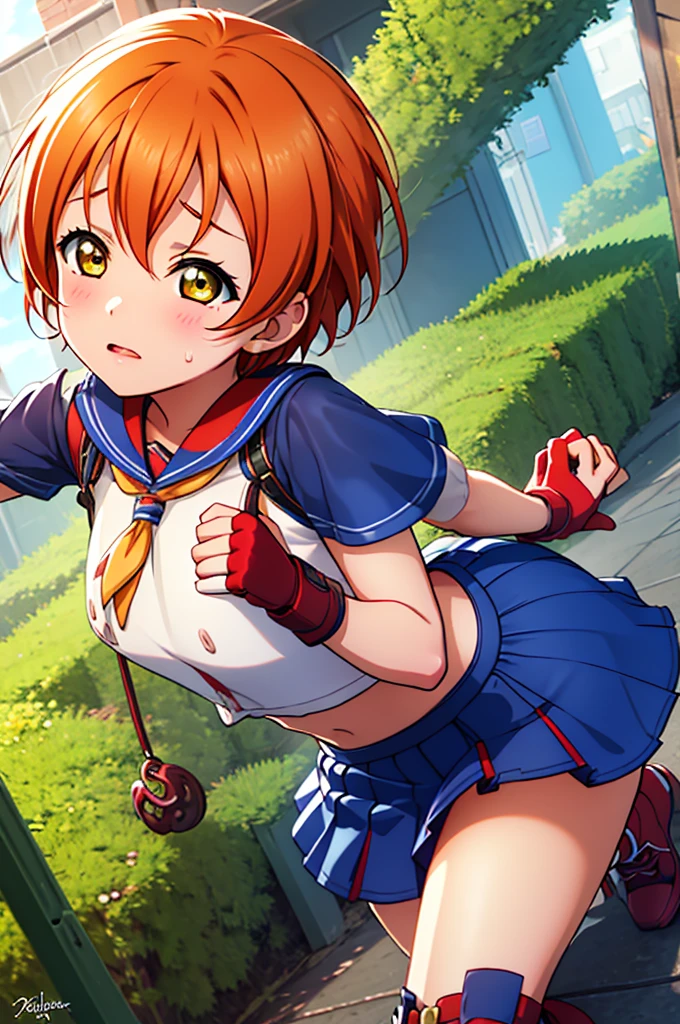 Hoshizora rin, orange hair, yellow eyes ,short hair, bangs, , crop top, red neckerchief,blue micro skirt, fingerless gloves, thighs, standing, cowboy shot,in street ,masterpiece,best quality,1girl , mind control ,parasite , defeat ,nipple penetration ,signature , overflow,official style, {{Hoshizora rin}}, {lovelive}}, very aesthetic, best quality, intricate, overall detail, symmetry, {{girl riding on monster fused with tentacles, flat ray photography, from above, head down bottom up}}, captured girl, limbs into monster body, tentacles sex, tentacles in pussy, girl's body wrapped around veiny tentacles, nsfw, 1girl, naked, on all fours, bent over, straddling on monster, spread legs, fellatio, ass, sad, tearful, nose blush, sweat, like a lump of meat monster, tentacles pit, scales, armor, thorns, warts, {veiny tentacles, squidward tentacles, locked tentacles}, too many tentacles, front view, facing the front, straight-on, cowboy shot, intricate, (highly detailed),