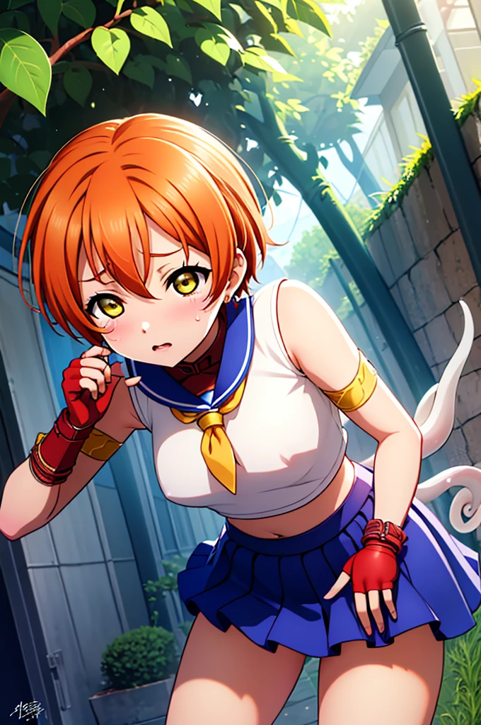 Hoshizora rin, orange hair, yellow eyes ,short hair, bangs, , crop top, red neckerchief,blue micro skirt, fingerless gloves, thighs, standing, cowboy shot,in street ,masterpiece,best quality,1girl , mind control ,parasite , defeat ,nipple penetration ,signature , overflow,official style, {{Hoshizora rin}}, {lovelive}}, very aesthetic, best quality, intricate, overall detail, symmetry, {{girl riding on monster fused with tentacles, flat ray photography, from above, head down bottom up}}, captured girl, limbs into monster body, tentacles sex, tentacles in pussy, girl's body wrapped around veiny tentacles, nsfw, 1girl, naked, on all fours, bent over, straddling on monster, spread legs, fellatio, ass, sad, tearful, nose blush, sweat, like a lump of meat monster, tentacles pit, scales, armor, thorns, warts, {veiny tentacles, squidward tentacles, locked tentacles}, too many tentacles, front view, facing the front, straight-on, cowboy shot, intricate, (highly detailed),