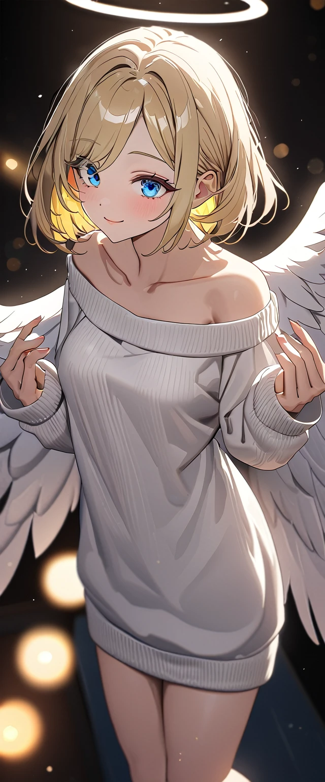 ((angel, big big white wings:1.3, halo:1.3)), (((cowboy shot))), ((flying)), archangel Uriel, ((wavy hair, outward curled hair)), evening, Sunset, ((blond hair, bob cut:1.3)), breasts, teenager, (looking at viewer), oversized clothes, puffy long sleeves, collarbone, ((off-shoulder sweater dress:1.3, Quite thick shoulder straps)), (((sleeves past wrists:1.3))), ((white sweater)), collarbone, head tilt:1.3, (((blue eyes))), ((happy smile)), (((anime style))), (best quality, 4K, 8K, highres, masterpiece:1.2, ultra-detailed, ultra-detailed eyes, HDR, uhd, studio lighting, ultra-fine painting, sharp focus, physically-based rendering, extreme detail description, professional, vivid colors, bokeh), ((Highest quality, Best image quality, Ultra-high resolution, Ultra-high resolution, solo, Strong eye highlights)), Depth of written boundary, Natural soft light, attractive, Beautiful Face, Cleanliness, Pure Face, medium chest, Beautiful Face, Perfect Fingers, Perfect hands, Perfect body, Perfect Face, Shine a light into your eyes, Perfect Anatomy