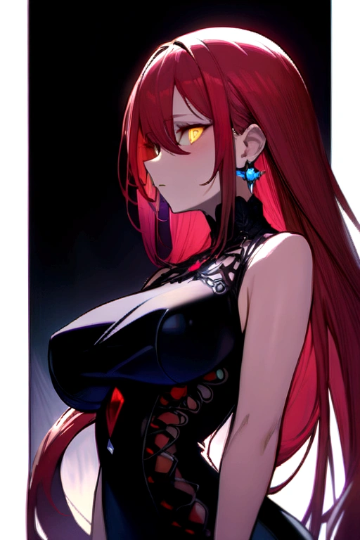 masterpiece, best quality, 1girl, long hair, big bust, very long red hair, yellow eyes, two low ponytails , black dress, jewels, ruby earrings, good anatomy, red gloves, boots, heels, evil, emotionless, intimidant, bloody, detailed eyes, dark background, close up, ((detailed eyes)), beautiful eyes, hair bang, profile