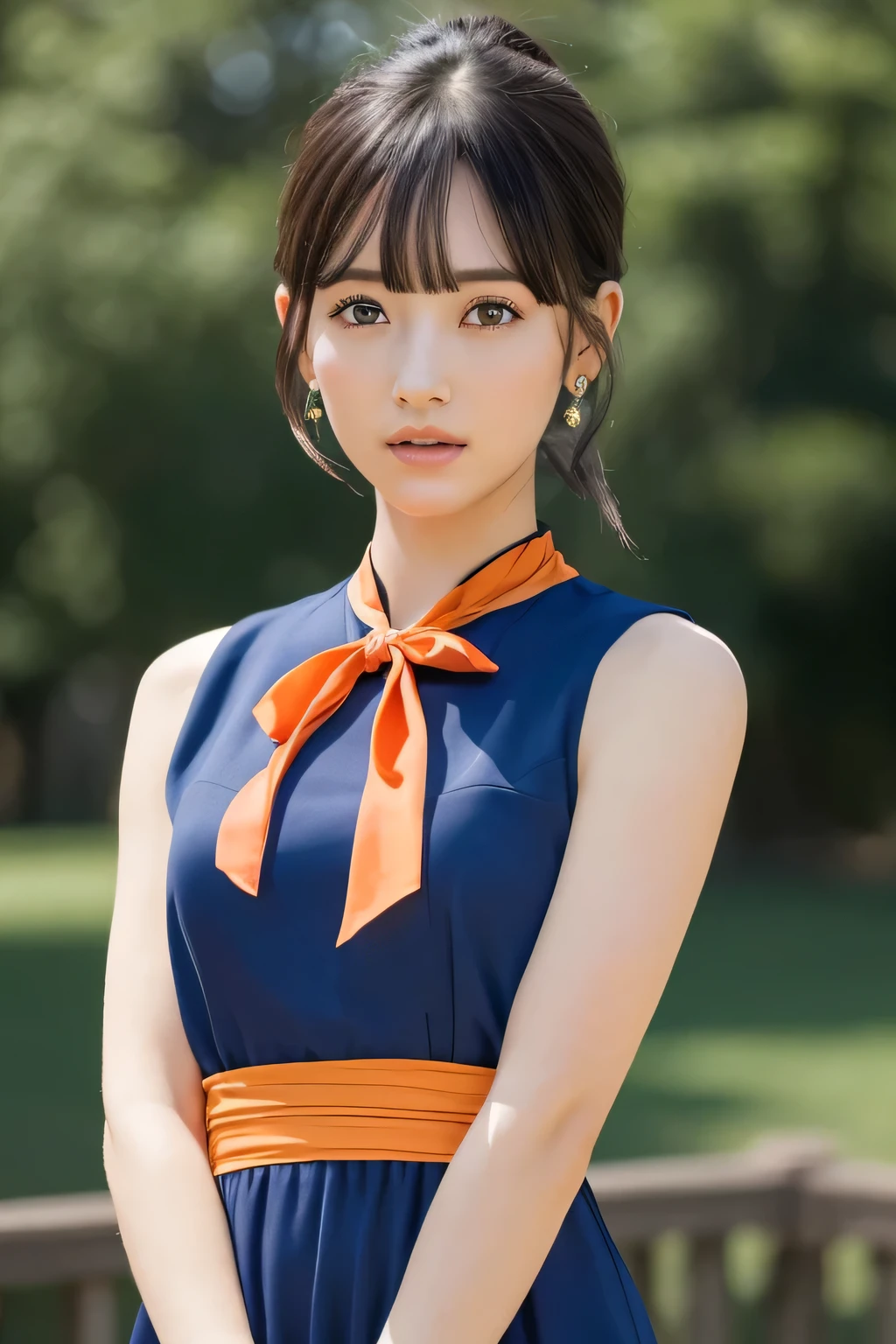 ((top-quality、8K、masterpiece:1.3))、Photorealistic, sharp focus, high-level image quality, high resolution, Portrait, Solo, dragon ball character Chi-Chi, (low ponytail:1.1), black eyes, blue sleeveless dress, wristband, sash, single hair bun, blunt bangs, sidelocks, earrings, orange neckerchief, purple dress, bracelet, night, dark backgrounds