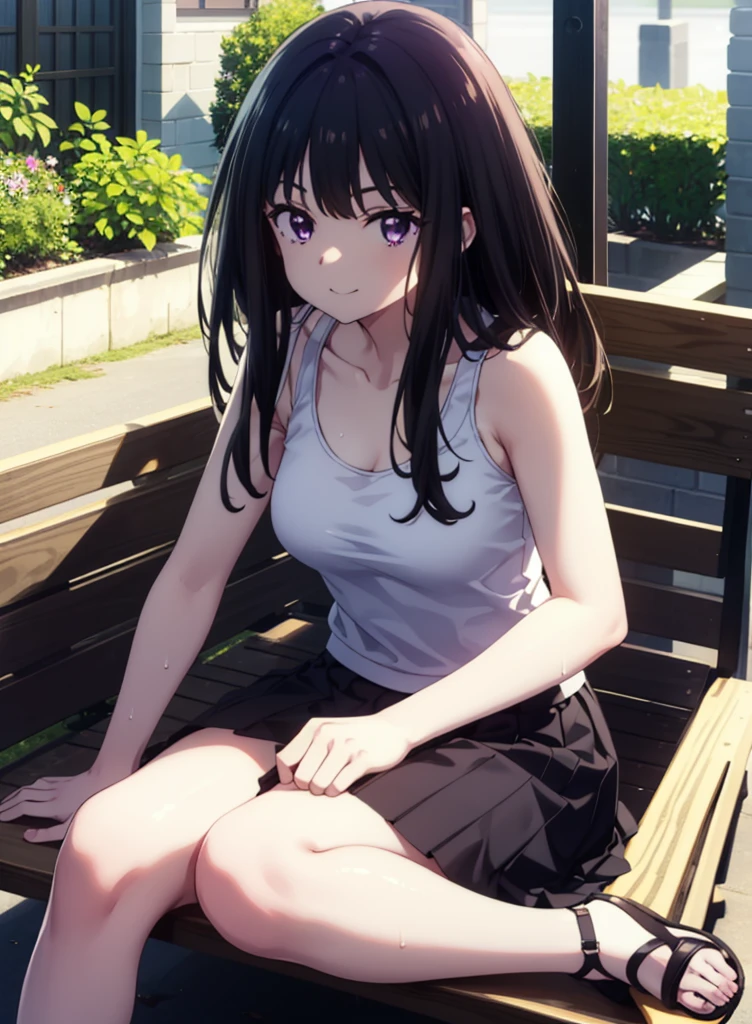 Takiuchikami, Check it out, Long Hair, bangs, Black Hair, (Purple eyes:1.2),happy smile, smile, Close your mouth,Sweat,White Tank Top,Checked skirt, Cute Sandals,Walking,Daytime,Clear skies,whole bodyがイラストに入るように,Sitting on a bench,
break outdoors, countryside,
break looking at viewer, whole body,
break (masterpiece:1.2), Highest quality, High resolution, unity 8k wallpaper, (figure:0.8), (Beautiful attention to detail:1.6), Highly detailed face, Perfect lighting, Highly detailed CG, (Perfect hands, Perfect Anatomy),