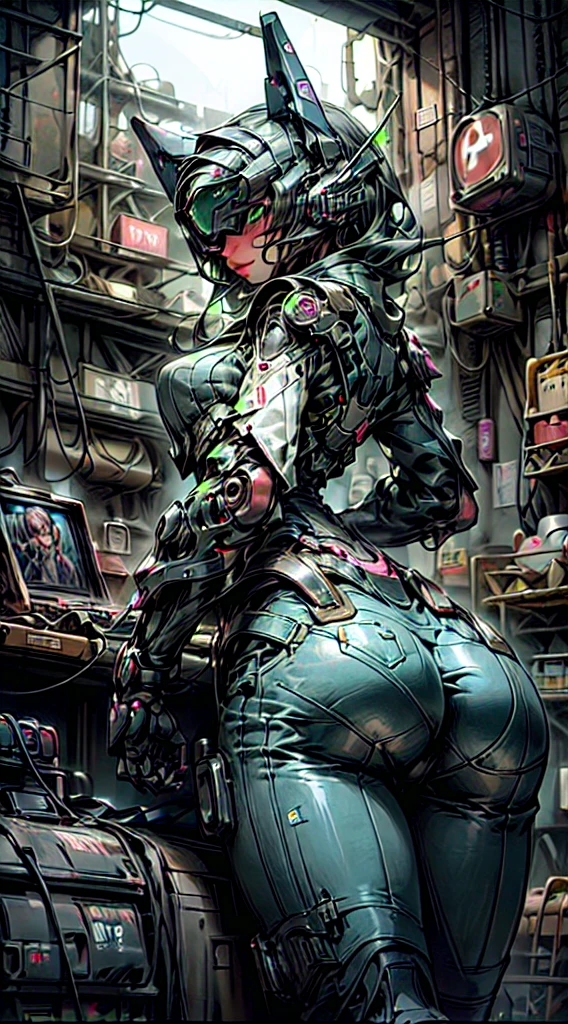 (Curvy Robot-Girl stands in the aisle of a retro video game arcade, rows of video game cabinets, indoors, dark, video game lights:1.6), (huge_breasts, wide hips, gigantic hips, narrow waist, thick thighs, huge ass, cyborg, machine, feminine:1.5), (robot girl wears dolphin shorts and tank top, standing, full body, plugged into electrical outlet with wires and cables:1.4), (video game lights, neon, plug, robot joints, human skin, cyborg, neon trim, Fechin, oil painting, IMPRESSIONISM:1.3)