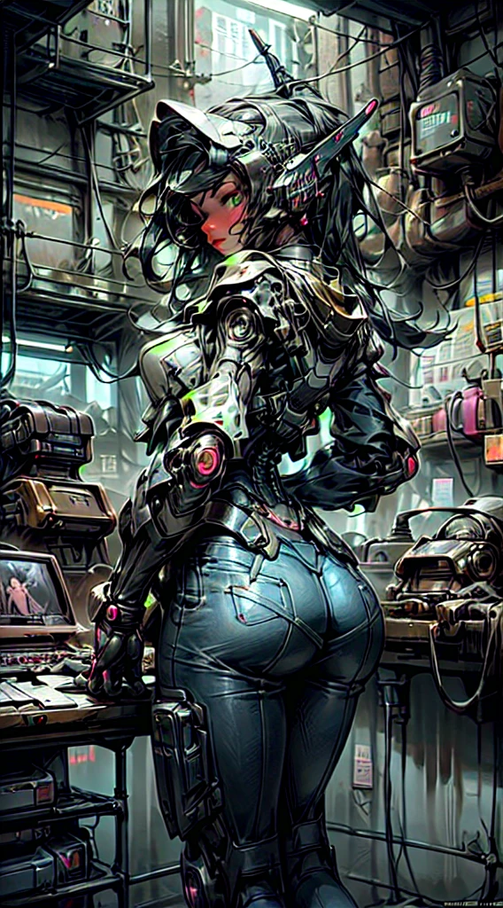 ((best qualityer)), ((Masterpiece artwork)), (highy detailed: 1.3), 3d, NeonNoir, beautiful cyberpunk woman, (using the head mounted display which is thick and hi-tech: 1.2), Wearing a Cape, hacking a computer terminal, PURPLE NEON LIGHT FROM MONITOR, GREEN NEON SIGNS ON THE WALL, gigante breasts, Giant ass