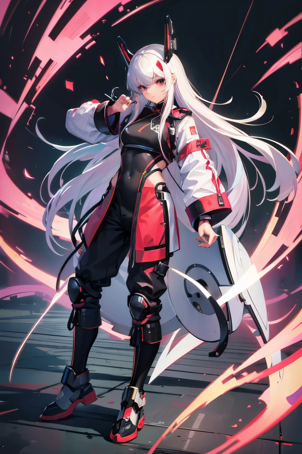 male, Chinese style, Long white hair, cyber punk, old clothes, High resolution, Mecha, whole body,