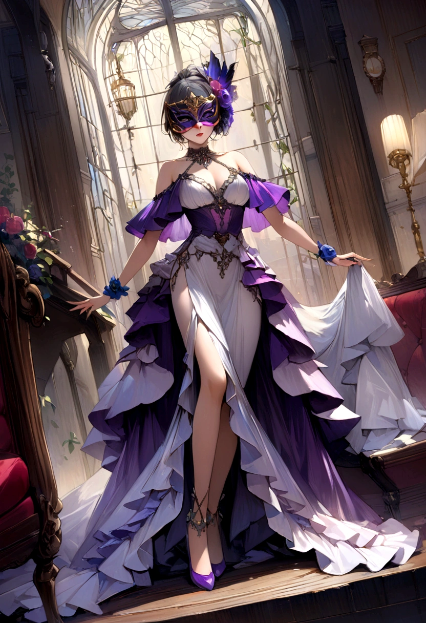 Purple and silver tones、Vibrant colors、((​masterpiece)))、(((top-quality)))、((ultra-detailliert))、(A hyper-realistic)、(highly detailed CGillustration）、Official art、Berlin at the beginning of the 20th century、Decadent、Madame Papillon、Masquerade、Elegance、Masks that cover most of the face、Colorful and detailed mask design、matchless beauty、Fans、gorgeous dress、jewely、Perfect Angle、perfect-composition、looking left、full body Esbian