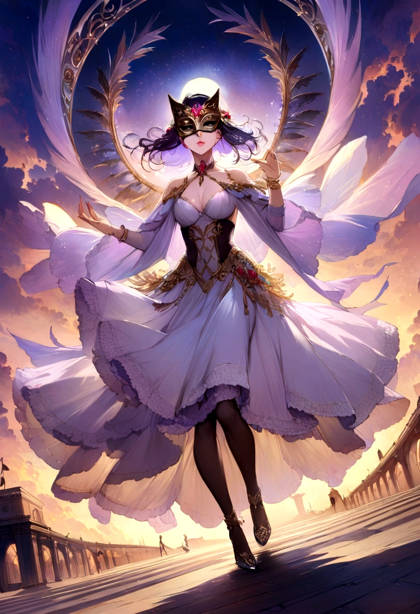Purple and silver tones、Vibrant colors、((​masterpiece)))、(((top-quality)))、((ultra-detailliert))、(A hyper-realistic)、(highly detailed CGillustration）、Official art、Berlin at the beginning of the 20th century、Decadent、Madame Papillon、Masquerade、Elegance、Masks that cover most of the face、Colorful and detailed mask design、matchless beauty、Fans、gorgeous dress、jewely、Perfect Angle、perfect-composition、looking left、full body Esbian