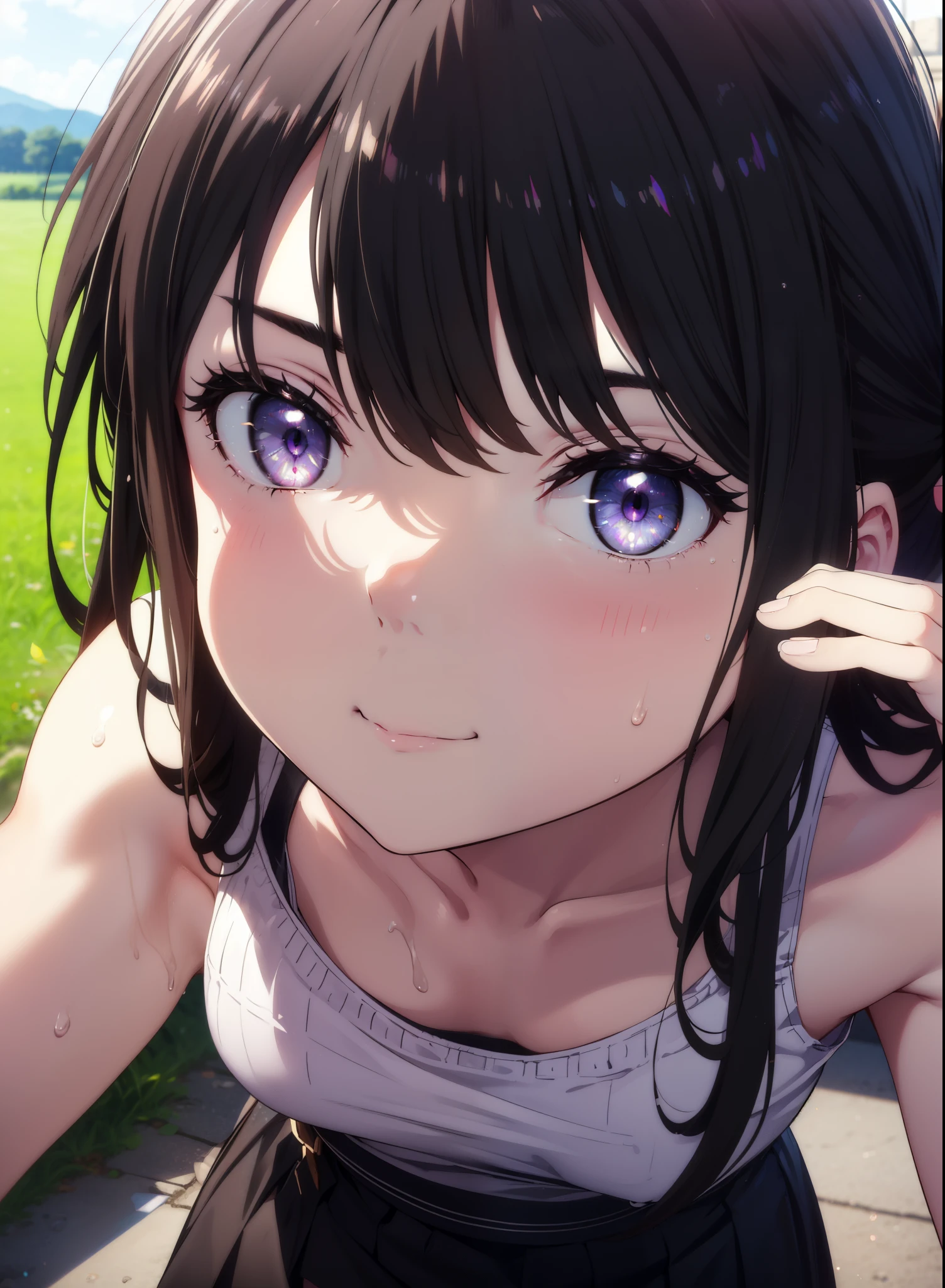 Takiuchikami, Check it out, Long Hair, bangs, Black Hair, (Purple eyes:1.2),happy smile, smile, Close your mouth,Sweat,White Tank Top,Checked skirt, Cute Sandals,Walking,Daytime,Clear skies,whole bodyがイラストに入るように,
break outdoors, countryside,
break looking at viewer, whole body,
break (masterpiece:1.2), Highest quality, High resolution, unity 8k wallpaper, (figure:0.8), (Beautiful attention to detail:1.6), Highly detailed face, Perfect lighting, Highly detailed CG, (Perfect hands, Perfect Anatomy),