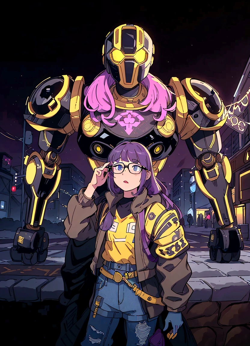 In the image, there is a young girl standing next to a large robot. The girl has purple hair and is wearing glasses. She is dressed in a yellow jacket and blue jeans. The robot is predominantly black with gold accents and stands behind her. It appears to be quite large compared to the girl, suggesting it might be a mech or a suit of armor. They are both positioned on what looks like a city street at night, as indicated by the dark background and illuminated streetlights. The overall scene gives off a futuristic vibe, possibly from a science fiction setting.