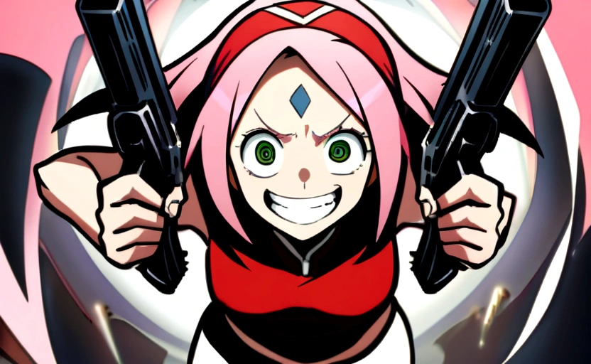 masterpiece, best quality, absurdres, guns akimbo, (looking at viewer:1.3), smile, holding, weapon, teeth, holding weapon, gun, leaning forward, parody, holding gun, handgun, dual wielding, wide-eyed, crazy eyes, crazy smile, haruno sakura, side bangs, forehead mark, red hairband, red sleeveless dress, white pants, navel, midriff, pink medium hair, green eyes