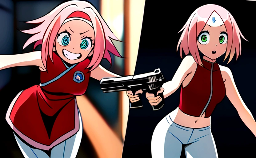 masterpiece, best quality, absurdres, guns akimbo, (looking at viewer:1.3), smile, holding, weapon, teeth, holding weapon, gun, leaning forward, parody, holding gun, handgun, dual wielding, wide-eyed, crazy eyes, crazy smile, haruno sakura, side bangs, forehead mark, red hairband, red sleeveless dress, white pants, navel, midriff, pink medium hair, green eyes