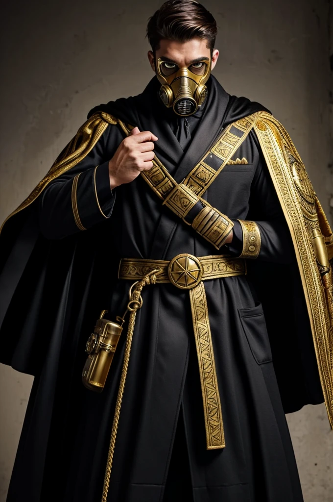 Create a man who has a robe with a dark colored cape and gold edges., an old-fashioned gas mask that covers your entire face, with your arms crossed forming an X at chest height and looking mysterious, with black gloves 