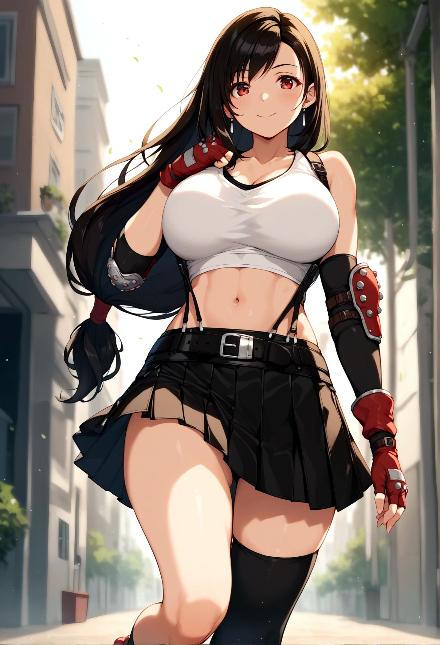 score_9, score_8_up, score_7_up, score_6_up, score_5_up,,rating_safe. BREAK , (from front.from front,below view ,feet focus,standing,straight-on,,(upperbody),looking_at_viewer ,1girl, tifa lockhart, final fantasy, tareme,black hair, low-tied long hair, red eyes, bangs, (white tank top, belt, pleated skirt, thighhighs, elbow fingerless gloves, elbow pads, midriff, navel,suspender skirt) ,large_breasts,(light smile),,,Solo,,(daytime and beachside and city),(best quality),(aesthetic,very aesthetic),,highly detailed,,depth of field,,professional lighting,cinematic lighting, dancing breast,running,