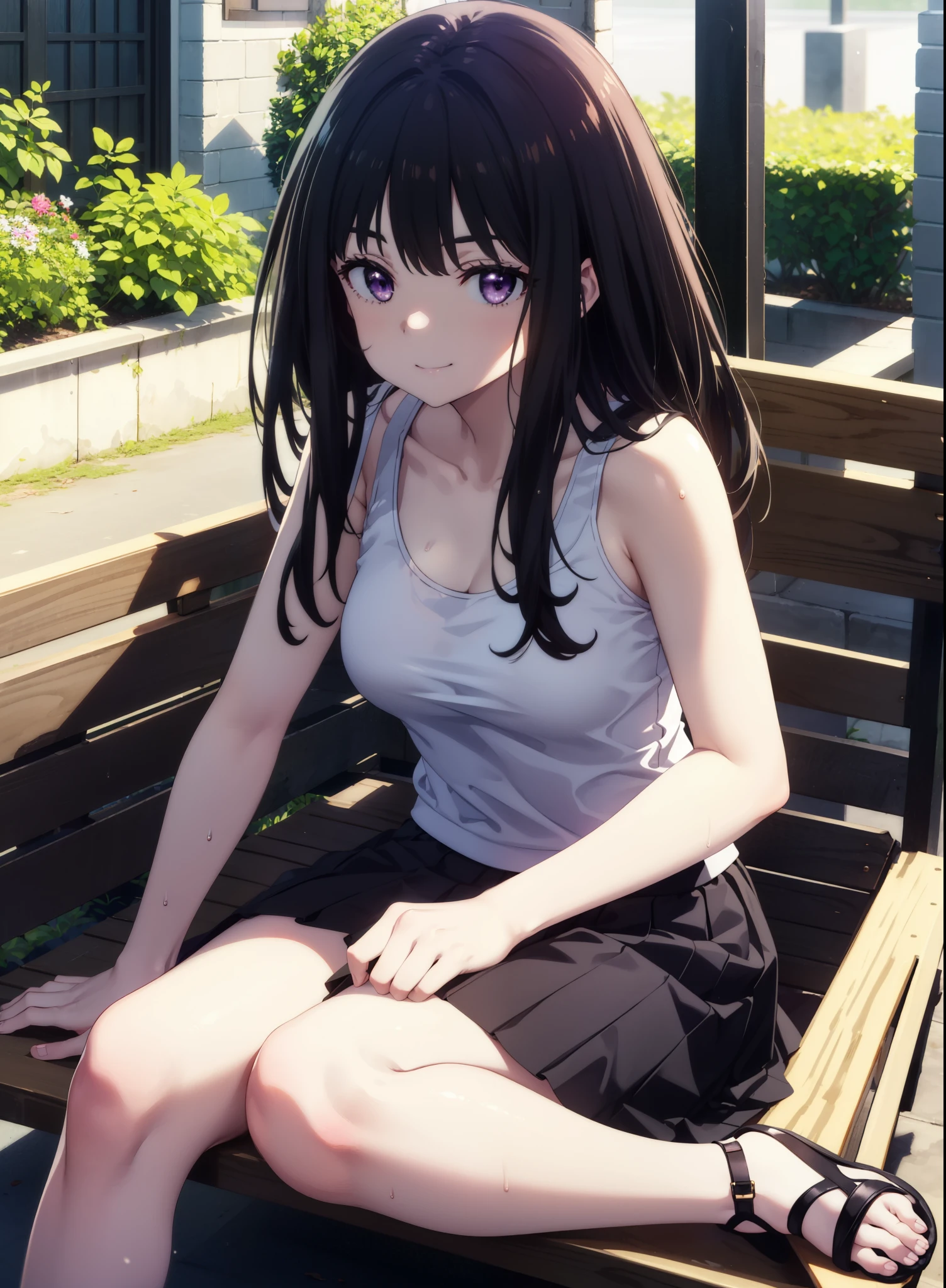 Takiuchikami, Check it out, Long Hair, bangs, Black Hair, (Purple eyes:1.2),happy smile, smile, Close your mouth,Sweat,White Tank Top,Checked skirt, Cute Sandals,Walking,Daytime,Clear skies,whole bodyがイラストに入るように,Sitting on a bench,
break outdoors, countryside,
break looking at viewer, whole body,
break (masterpiece:1.2), Highest quality, High resolution, unity 8k wallpaper, (figure:0.8), (Beautiful attention to detail:1.6), Highly detailed face, Perfect lighting, Highly detailed CG, (Perfect hands, Perfect Anatomy),