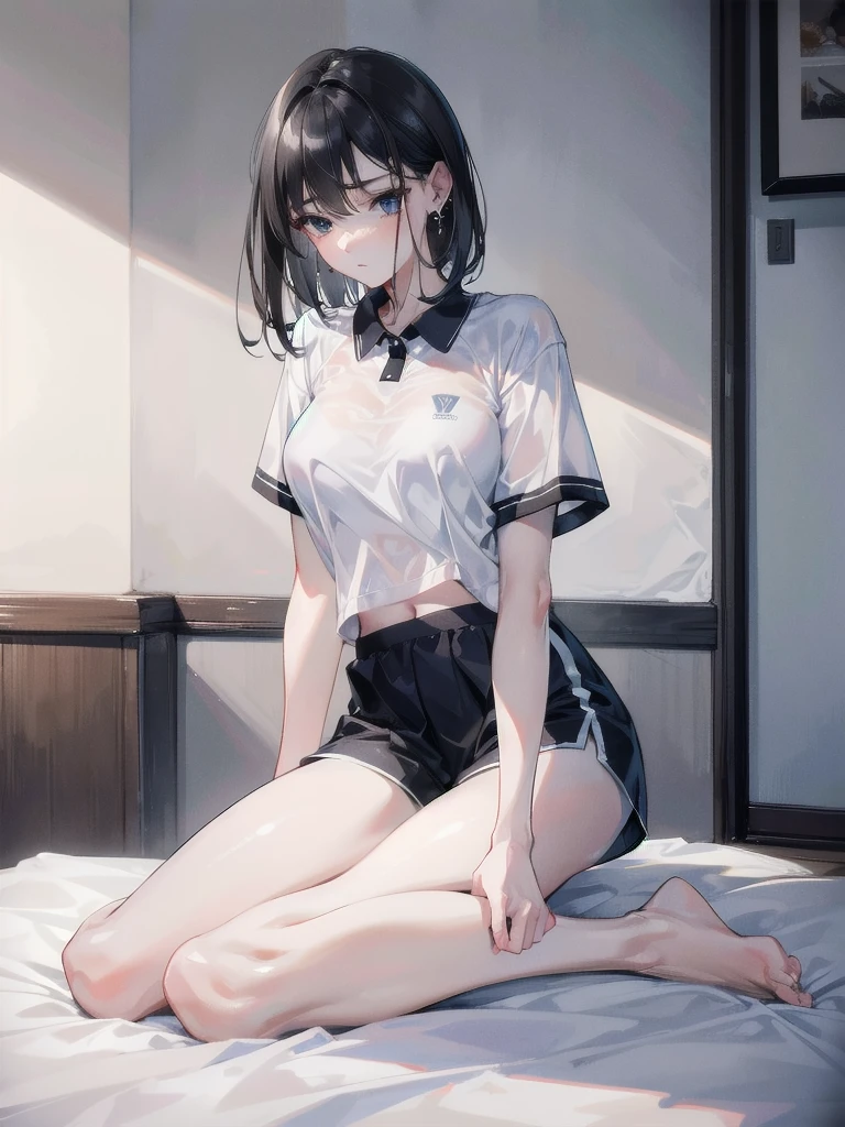 absurdres, RAW photo, extremely delicate and beautiful, masterpiece, Best Quality, ultra high resolution, 32k, hyperrealistic, ultra-detailed, in her 20s, delicate facial features, tearful mole, earring, medium breasts, full body shot, shorter middle hair, black hair, tennis uniform, shirt, shorts,