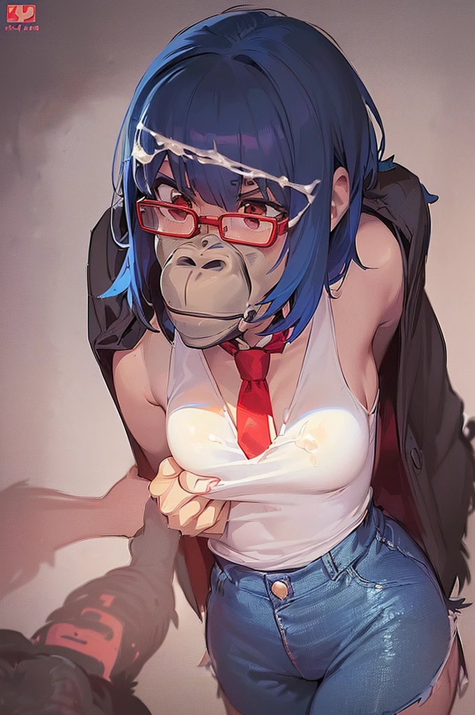 masterpiece, best quality,anime style, 1 girl,(((slender body))), (((small breast))),(((hot pants, white tanktop,red tie,glasses))),(((((a gorilla man grabbing the girl))))), ((((restrained, arms behind back)))),((((cum)))), (beautiful face), (((short hair))), (((straight hair))), ((((blue hair)))),detailed beautiful skin, (perfect hands, perfect anatomy)