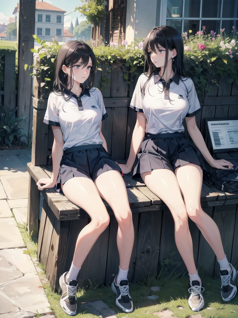 full body, delicate facial features, medium tits, medium hair, black hair, tearful mole, earring, school_uniform, summer shirt, skirt, sleeveless,