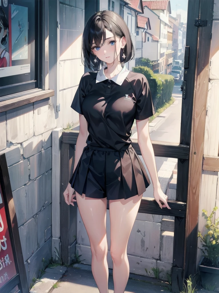 absurdres, RAW photo, extremely delicate and beautiful, masterpiece, Best Quality, ultra high resolution, 32k, hyperrealistic, ultra-detailed, in her 20s, delicate facial features, tearful mole, earring, medium breasts, full body shot, shorter middle hair, black hair, tennis uniform, shirt, shorts,