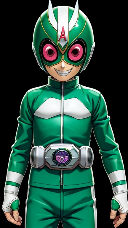 (8k),(masterpiece),(Japanese),(8-year-old boy),((innocent look)),((Childish)),From the front,smile,cute,Innocent,Kind eyes,Flat chest, Rock Lee,Kamen Rider, green helmet, green superhero mask,camisa,no Hair,night,dark, Neon light cyberpunk Konoha village