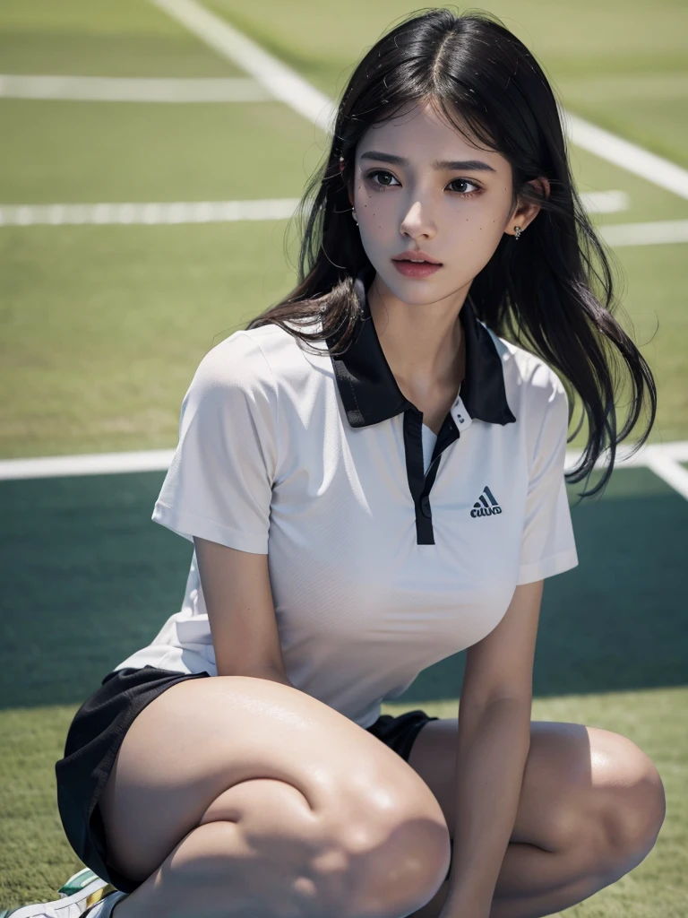 absurdres, RAW photo, extremely delicate and beautiful, masterpiece, Best Quality, ultra high resolution, 32k, hyperrealistic, ultra-detailed, in her 20s, delicate facial features, tearful mole, earring, huge breasts, full body shot, shorter middle hair, black hair, ((tennis uniform)), shirt, shorts,