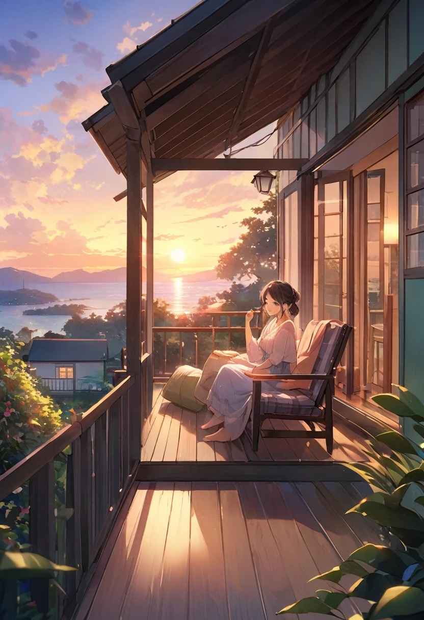 Highest quality、High resolution、Detailed Background、Beautiful face in every detail、Detailed facial expressions、Teenage beauty、Cute hair colour、Cute hairstyle、Smiling、
A house at dusk、Sit on the porch、The breeze outside is pleasant、Feeling cool with a fan、The sound of a fan spinning、I can hear it through the screen door、Summer twilight time、Relax and unwind、sit on the veranda、Take a slow, deep breath、The light of the day is fading、A comfortable time、The breeze outside is pleasant、A breather、A relaxing evening、Enjoy a summer moment