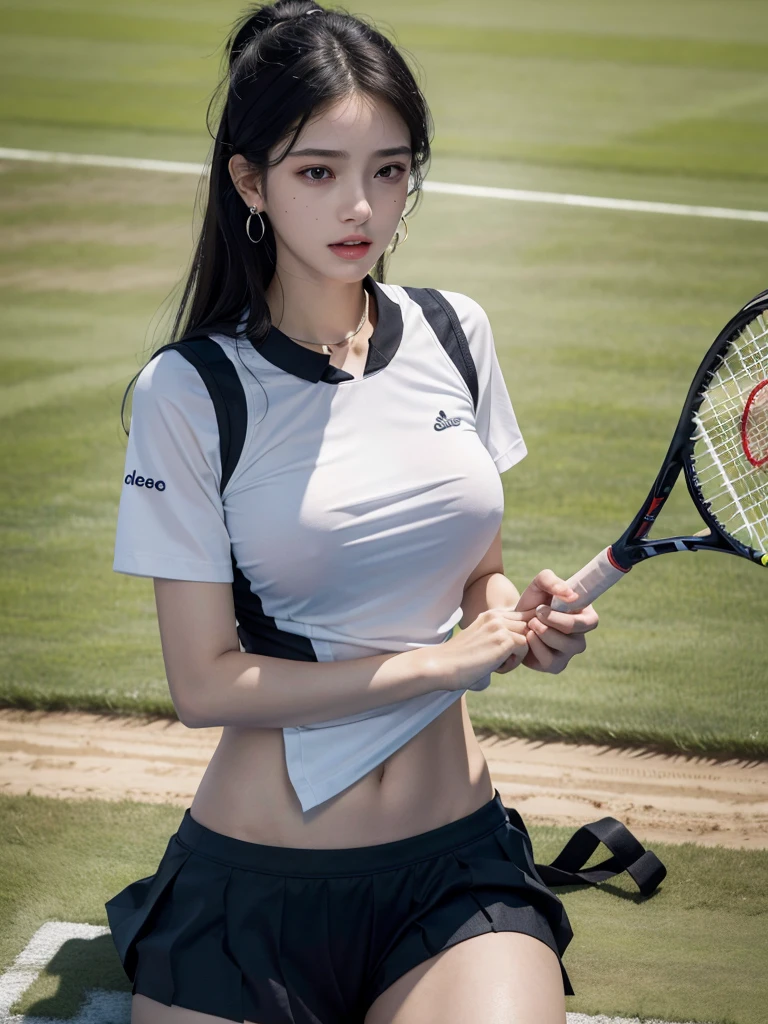 absurdres, RAW photo, extremely delicate and beautiful, masterpiece, Best Quality, ultra high resolution, 32k, hyperrealistic, ultra-detailed, in her 20s, delicate facial features, tearful mole, earring, huge breasts, full body shot, shorter middle hair, black hair, ((tennis uniform)), shirt, shorts,