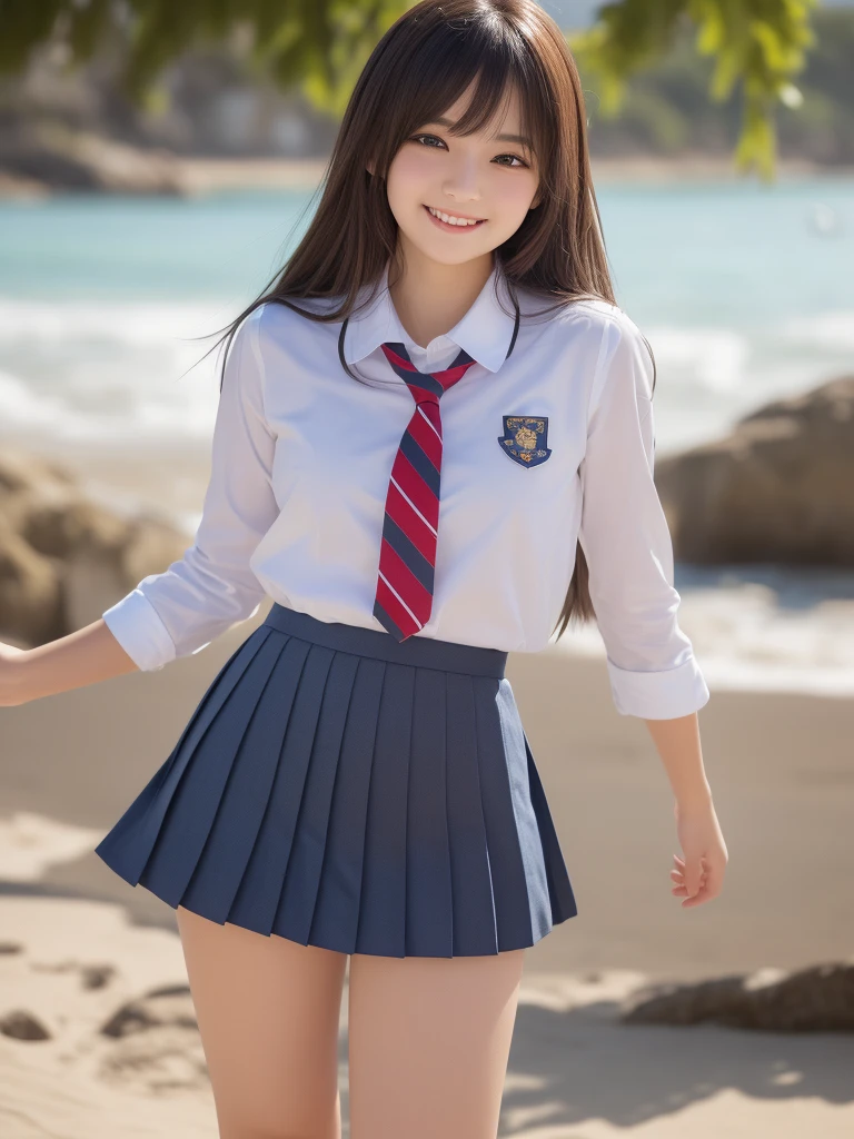 (2girl), kawaii, (round eyes:1.2), (highly detailed face and eyes), (big smile),  Amazing face and eyes, (school uniform, pleated mini skirt:1.3), (Best Quality:1.4), (Ultra-detailed), (extremely detailed CG unified 8k wallpaper), Highly detailed, High-definition raw color photos, Professional Photography, Realistic portrait, summer, (beach), (fine face:1.2),