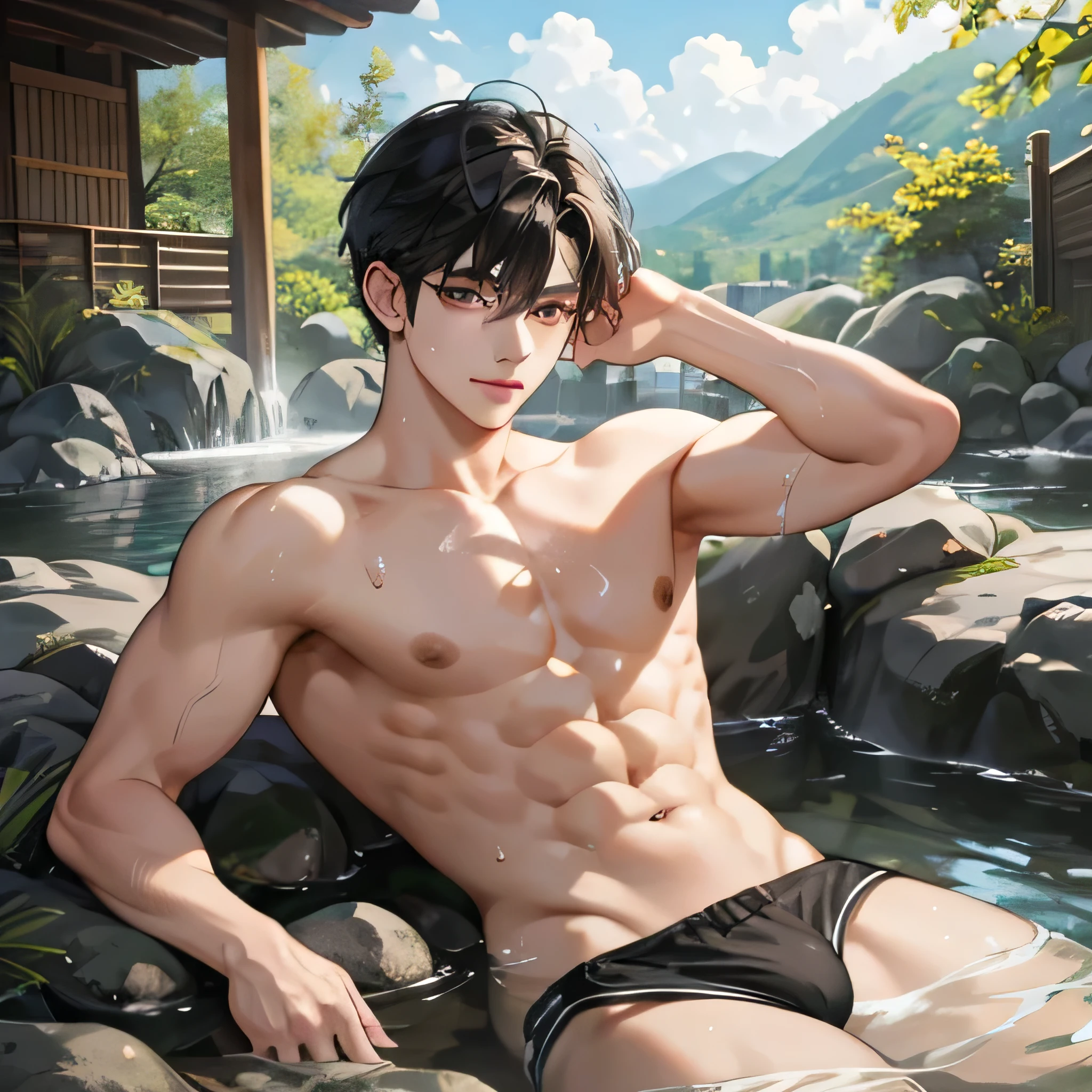 Cha Eun Woo似、1 boy、16k.mega highly detailed、hentail realism.best quality、A smile、Split Abs、Top Resolution Boy, Naked, completly , Muscular, Handsome, En plein air, bathing with steam, hot onsen, Onsen, Sweat, view the viewer, Depth of field, black boxers, Detailed background, Detailed lighting, diffused natural sunlight, diffused natural skin glow, symetrical eyes