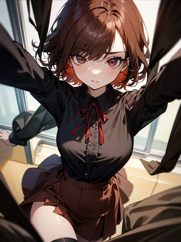 Reddish brown short length hair、Black chiffon blouse、Flared sleeves、ボウタイ、ribbon、Tight Skirt、Black Stockings、necklace、TİTS、slender、In a crowded train、Messed up、slender、High resolution face、Drawn eyes、