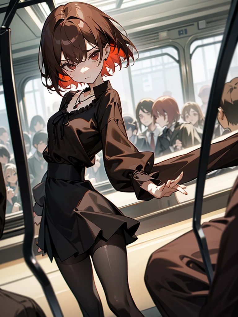 Reddish brown short length hair、Black chiffon blouse、Flared sleeves、ボウタイ、ribbon、Tight Skirt、Black Stockings、necklace、TİTS、slender、In a crowded train、Messed up、slender、High resolution face、Drawn eyes、