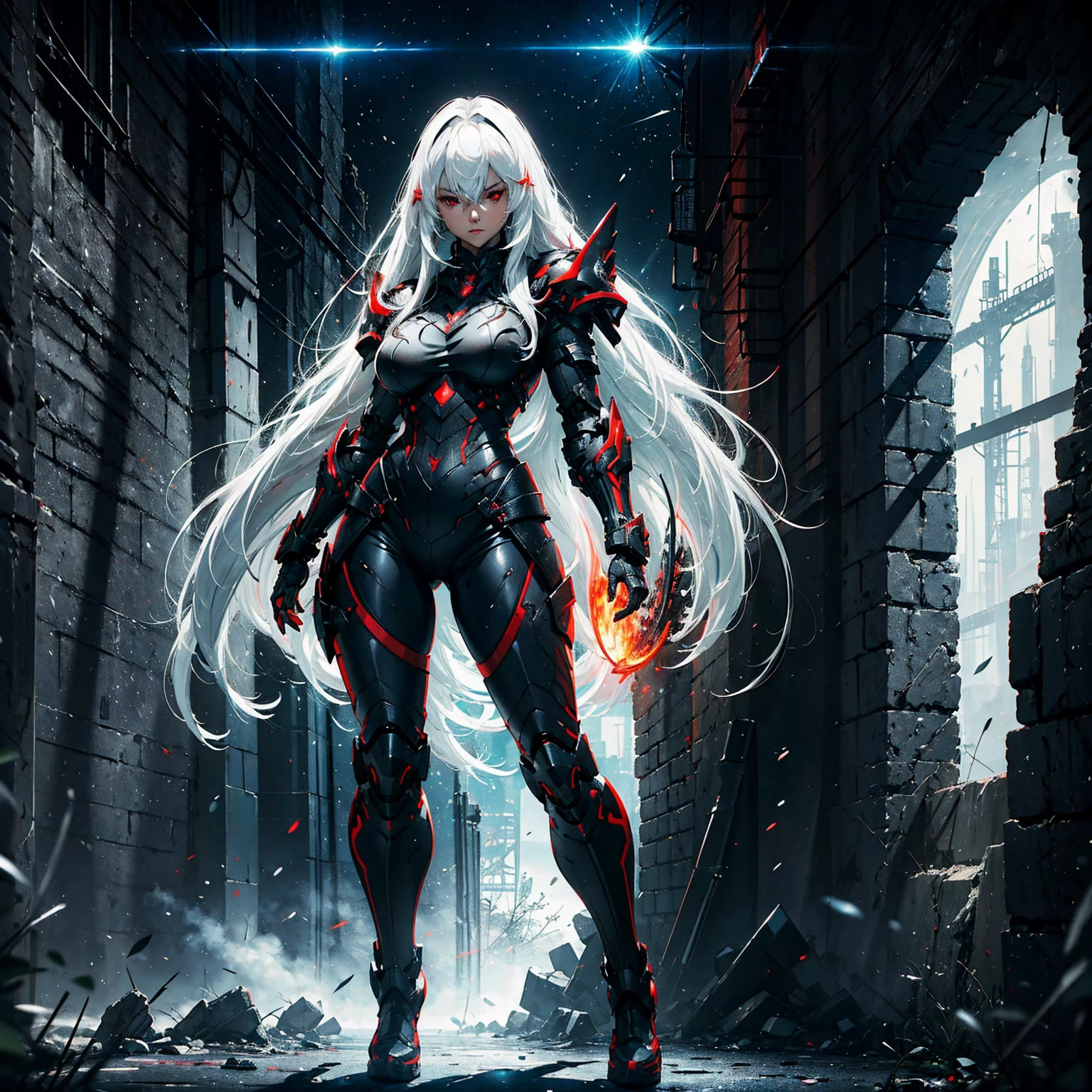 1girl!!! (solo), long hair with bangs, light white hair, big breasts, small size, red eyes, very fair skin, serious face, black tight combat armor, full body, night, dark cave, very sexy body, detailed face, highly detailed, 8k, best quality, masterpiece, vibrant colors, digital art, concept art