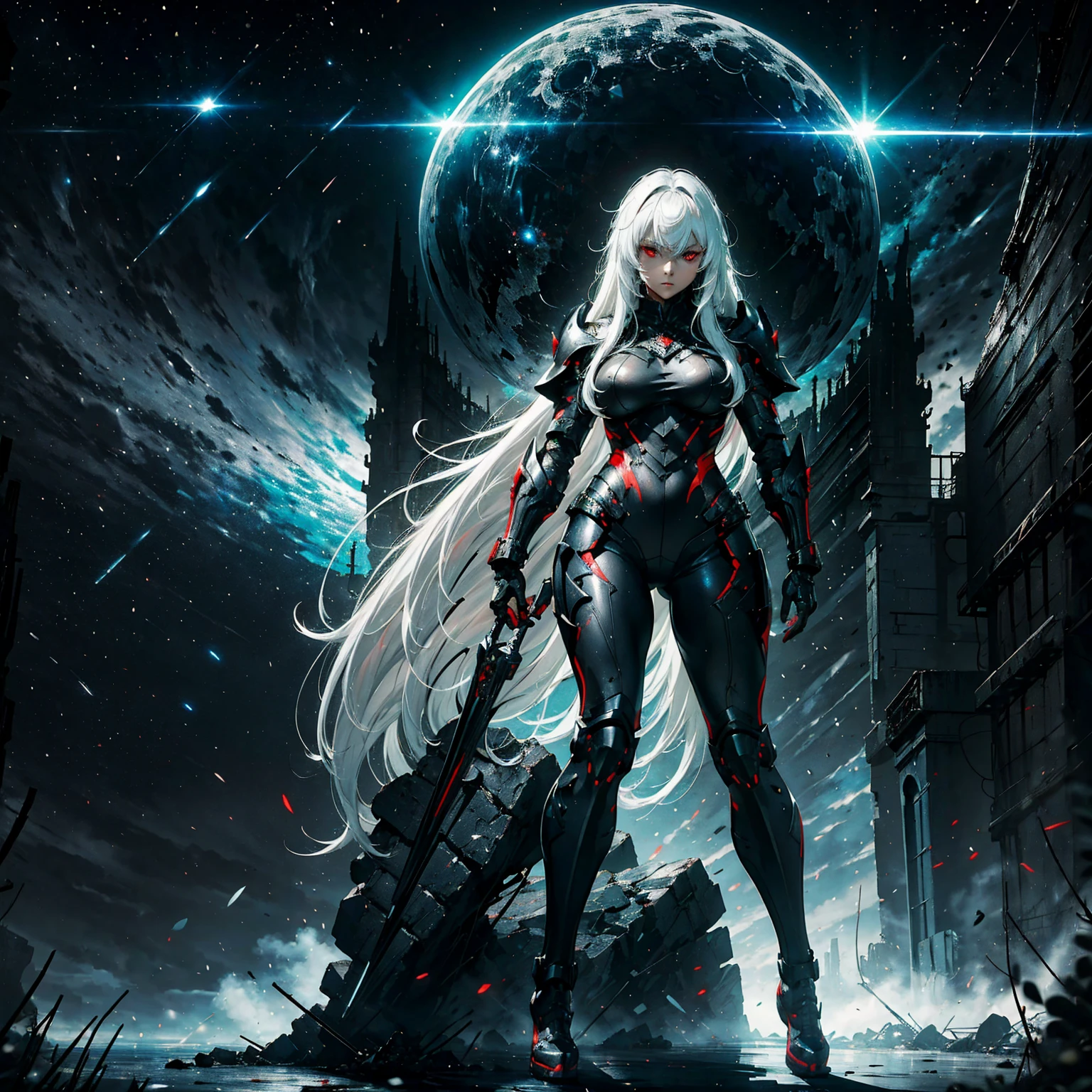1girl!!! (solo), long hair with bangs, light white hair, big breasts, small size, red eyes, very fair skin, serious face, black tight combat armor, full body, night, dark cave, very sexy body, detailed face, highly detailed, 8k, best quality, masterpiece, vibrant colors, digital art, concept art